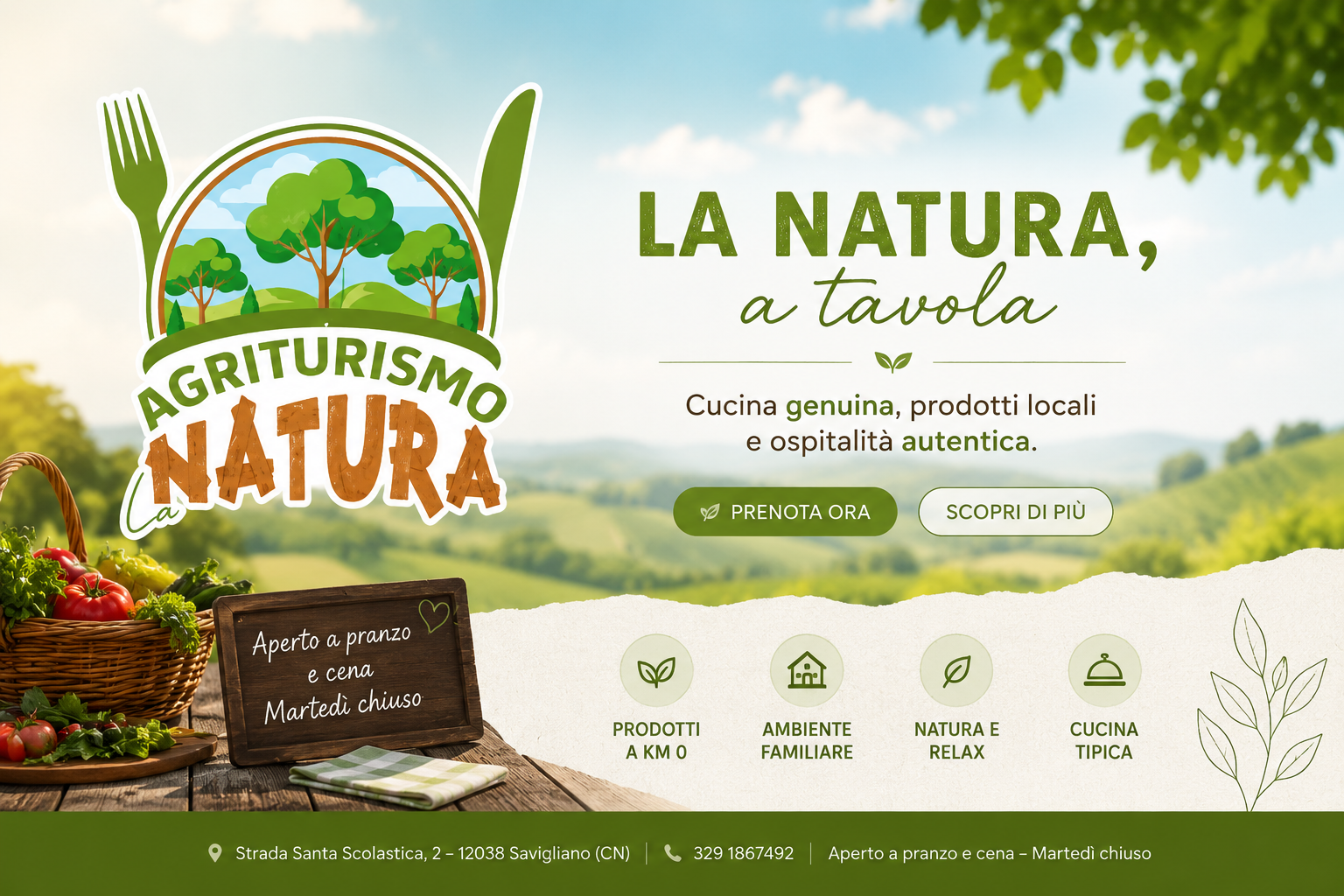 Cartello orari Agriturismo La Natura: aperto a pranzo e cena, chiuso martedì